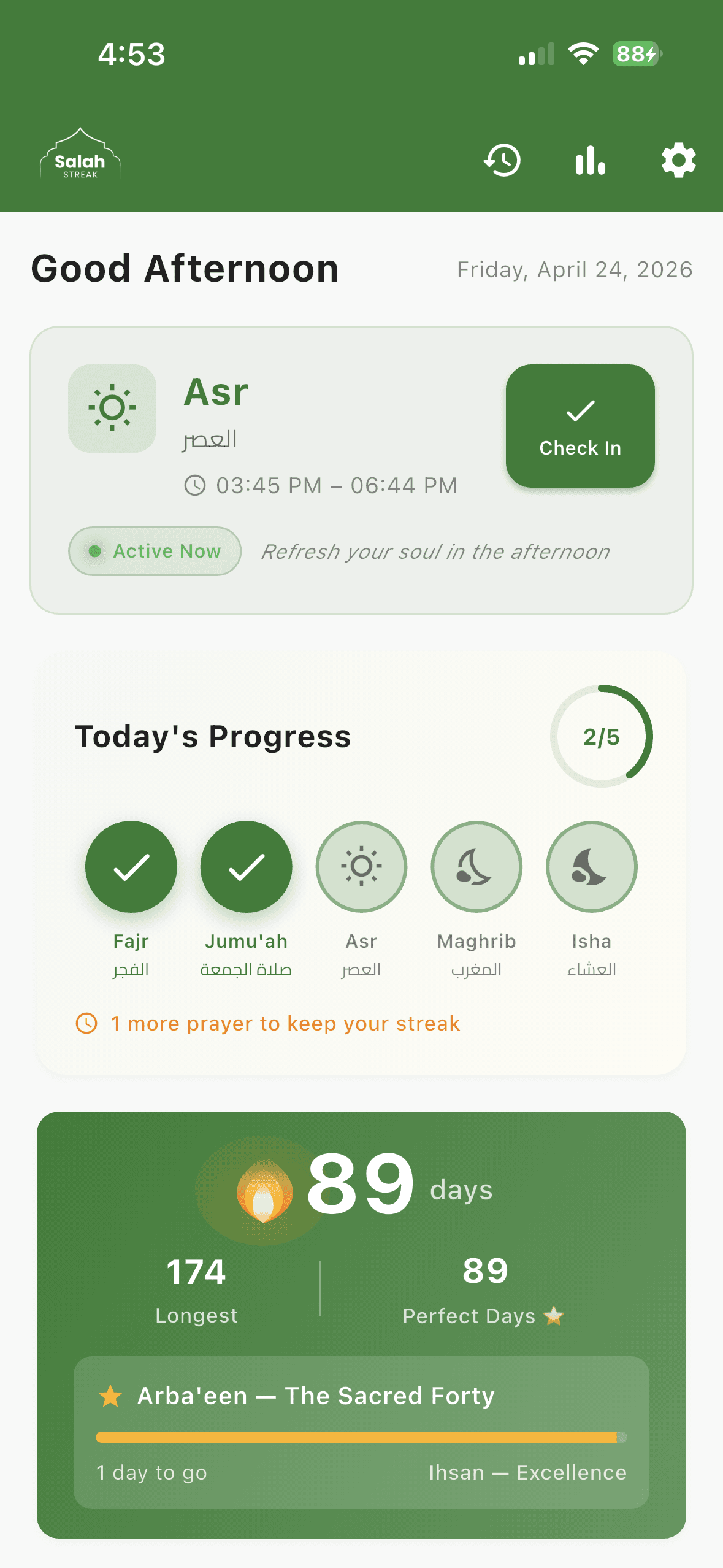 Salah Streak v2.0 — prayer habit tracking home screen showing streak counter, daily prayer progress circles, and Arba'een milestone